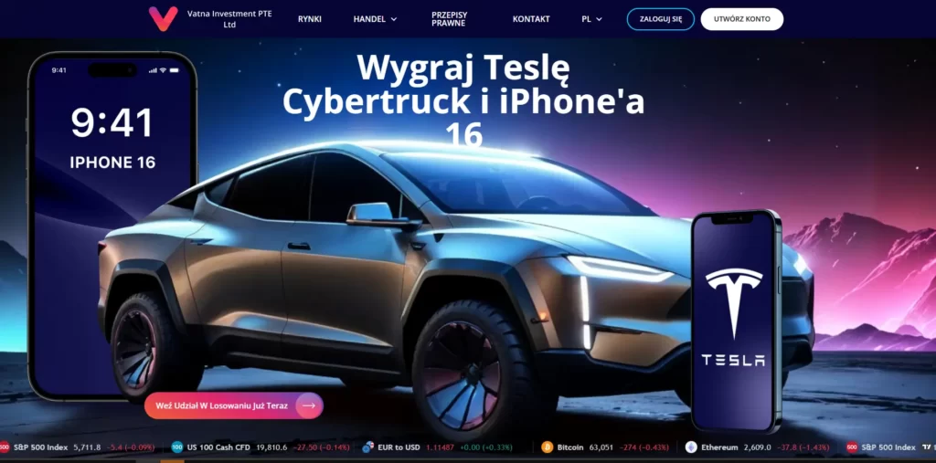 Vatna Investment PTE LTD (Vatnainvest.com) - zrzut ekranu strony głównej serwisu brokera