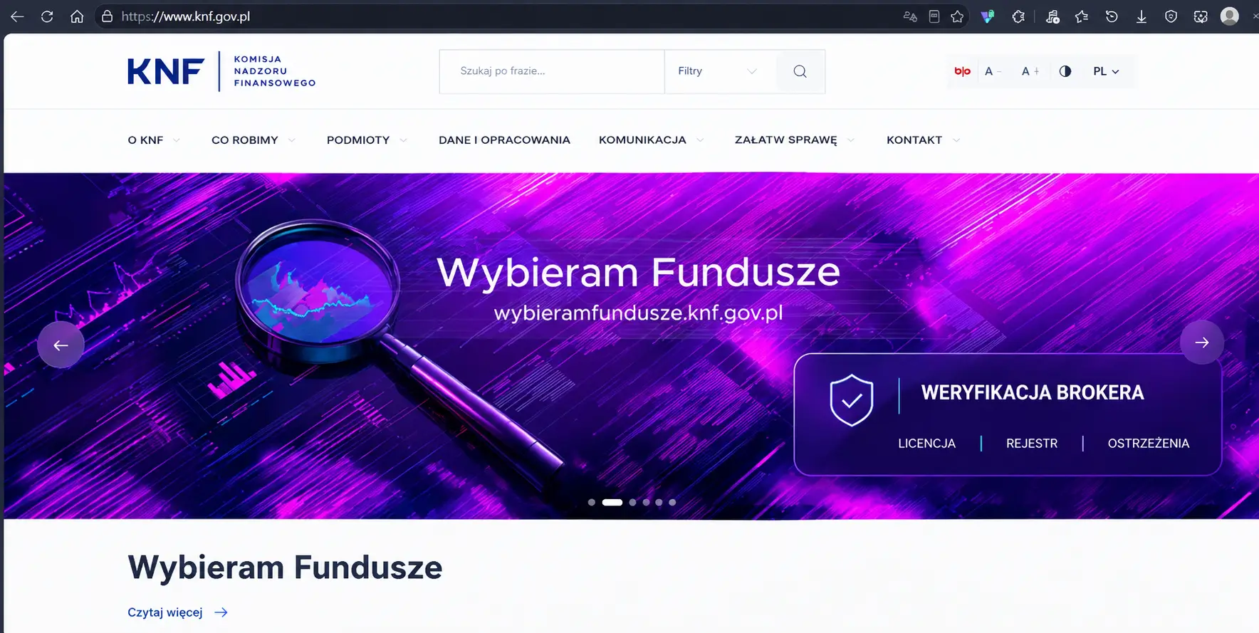 Strona Komisji Nadzoru Finansowego (KNF) z infografiką dotyczącą weryfikacji brokera, obejmującą licencję, rejestr i ostrzeżenia.