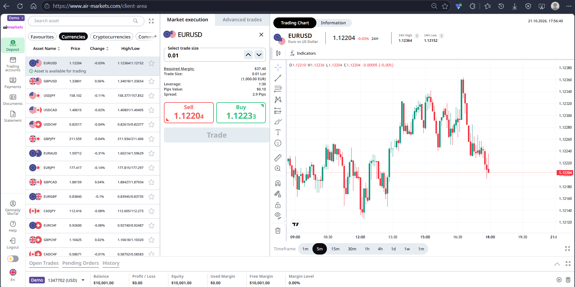 AIR-MARKETS WebTrader interface showing currency pairs, EUR/USD buy and sell prices, a candlestick chart, and demo account metrics.